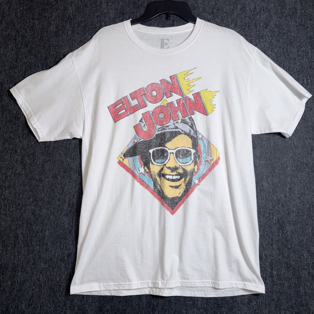 Vintage Style ELTON JOHN White T-Shirt Short Sleeve Adult Size‎ Large